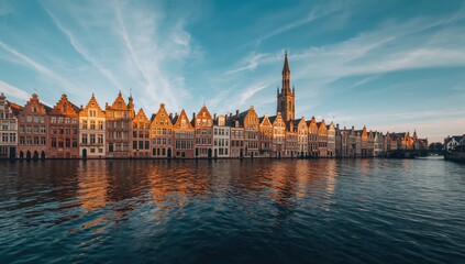 Naklejka premium Houses along a canal with traditional facades, illustrating urban planning and heritage conservation