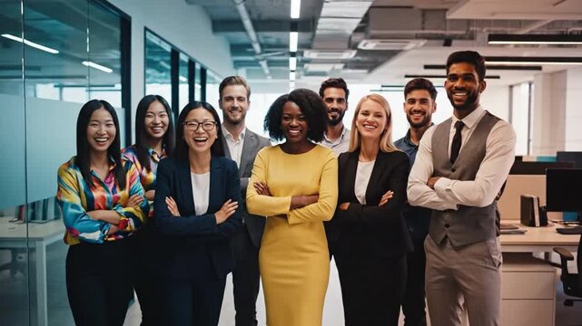 Unified Vision: A collaborative business team stands shoulder to shoulder, their combined confidence and resolve reflect a shared objective