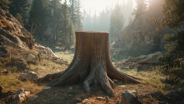 Ancient fossilized tree trunk located in northern Wyoming, highlighting sedimentary layering and erosion risk