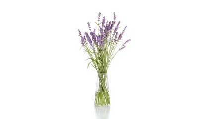 Purple lavender blooms placed in a glass vase, serving as a floral decor element against a white surface