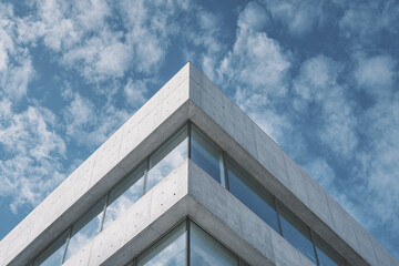 Modern concrete office building corner with large glass windows under bright blue sky with scattered clouds, showcasing minimalist architectural design and sleek urban style