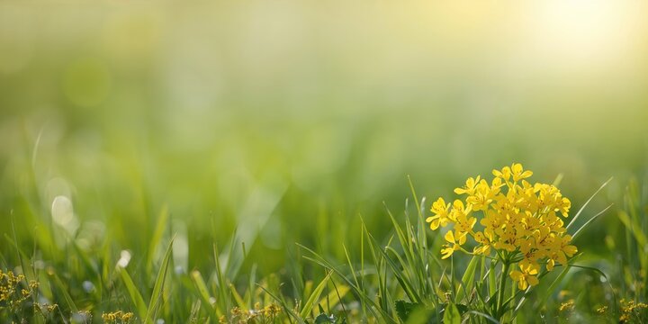 Yellow wildflowers, Linaria vulgaris, blooming in a meadow among small plants, seasonal change