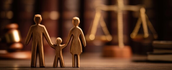 The Wooden Family Figurines Symbolizing Family Law Custody And Justice In A Courtroom