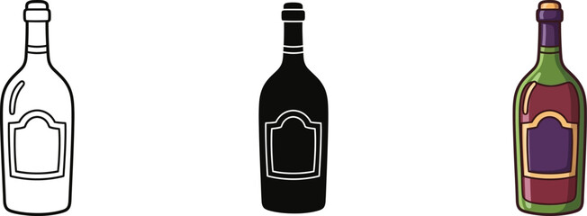 Stylized bottles with labels in outline, silhouette, and color variations for design