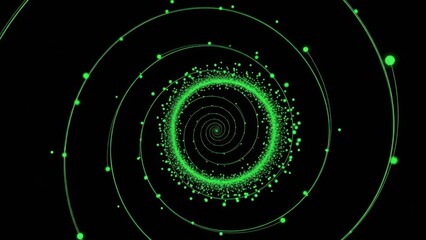 Glowing green spiral particles swirl in concentric circles on black background with radiant effect with spiral pattern