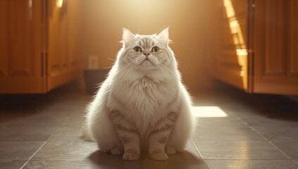 Overweight feline resting in a kitchen setting, highlighting pet relaxation and mealtime anticipation, suitable for pet care topics