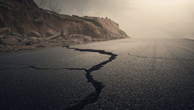 Damaged roadway surface fractured by a landslide triggered by heavy rains from a hurricane, highlighting disaster response challenges