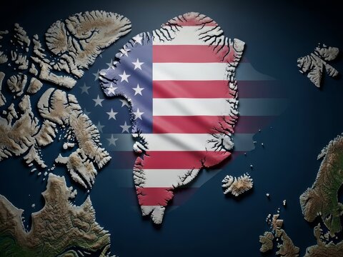 Conceptual 3D relief map of Greenland draped in the United States flag. Powerful visual for news on geopolitical shifts, Arctic strategy, and territorial annexation or acquisition. 