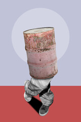 Dada style collage with a rusty barrel with legs