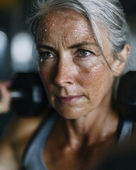 Empowered Senior Woman Pushing Limits: Weightlifting with Determination in Gym, Sweat on Forehead