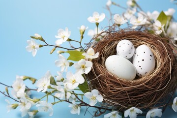 Bird nest holding three white speckled eggs surrounded by blooming spring flowers against a blue background