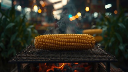 Street food scene with grilled corn on the cob cooked over open flame, highlighting outdoor culinary practices