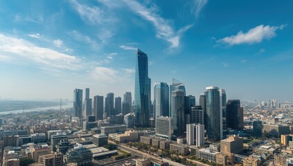 Modern cityscape of a financial hub with commercial buildings and retail centers, urban development