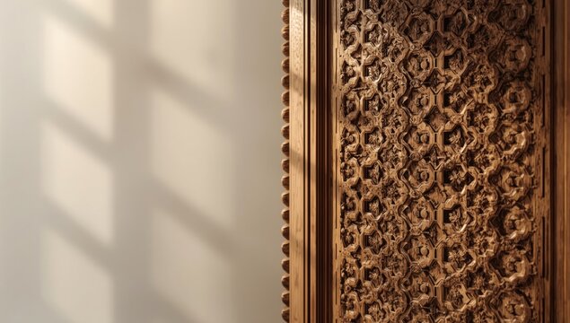 Intricate wood carving featuring geometric motifs, used for artistic wall decor or architectural embellishments