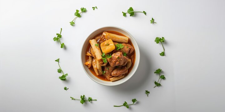 Spring-inspired Japanese dish with braised bamboo shoot and chicken, ideal for layout or editorial backgrounds