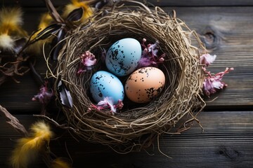 Obraz premium Bird nest holding three speckled eggs, symbolizing spring, new life, and easter traditions