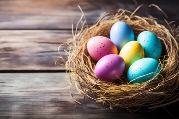 Colorful easter eggs resting in a bird nest on wooden background