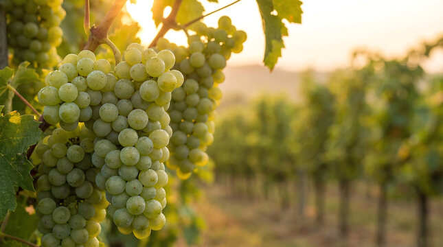 Plump green grapes ripening on the vine in a sunlit vineyard during harvest season - Powered by Adobe