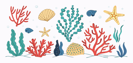 Colorful illustration of underwater coral reef with seaweed and shells