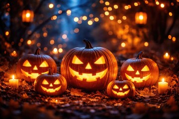Fototapeta premium Glowing pumpkins set in a warm golden and blue bokeh Halloween scene