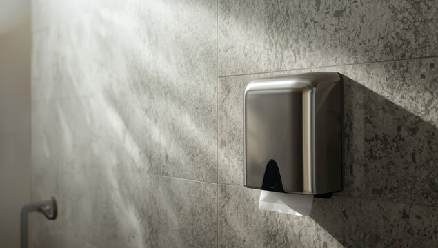 Close-up of tissue paper towel dispenser on granite wall in bathroom, highlighting cleanliness and facility upkeep