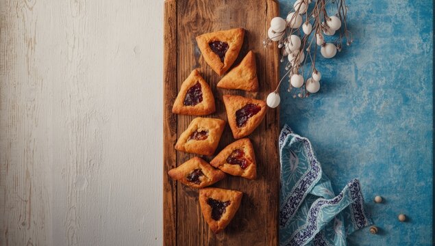 Jewish festival of Purim featuring hamantaschen cookies arranged on wood surface, holiday food display, blue backdrop, decorative setting