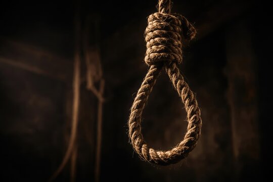 Fine textured view of a hangmans noose tied with aging rough rope