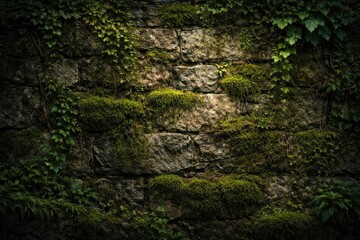 Textured rustic stone wall with moss and greenery for natural design backgrounds