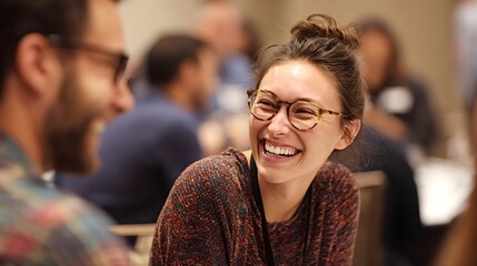 Young woman with glasses laughing wholeheartedly enjoying a lively conversation and expressing happiness and joy while engaging in a networking event or social gathering