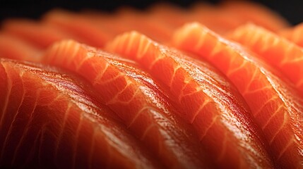 Freshly cut, vibrant orange salmon sashimi slices are arranged in a close up showing the rich texture and appealing presentation of gourmet raw fish food preparation