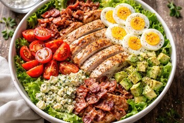 Rich ketogenic diet Cobb salad loaded with chicken egg bacon avocado and vine ripe tomatoes for low carb