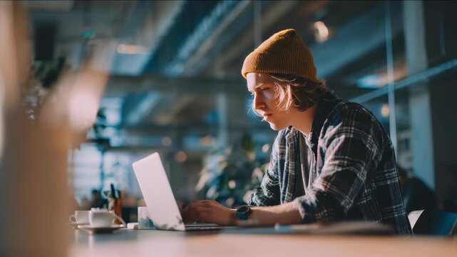 Concentrated young man in beanie, flannel shirt types on laptop in bright open office, embodying freelance work culture. Modern coworking environment reflects remote work, digital creativity trends