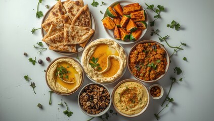 Arabic breakfast spread featuring hummus foul mutabbal and zaatar, suitable for balanced diet planning