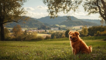 Obraz premium Scenic summer trip through a vibrant forest with a red dog near mountain views, outdoor exploration safety