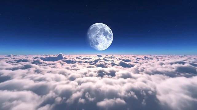 Majestic full moon shining brightly above a sea of f clouds at night.