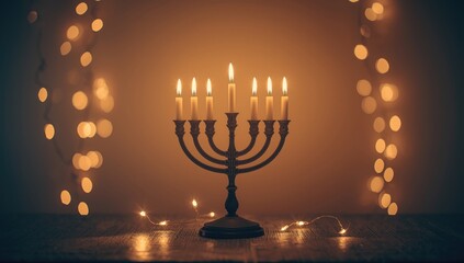 Fototapeta premium Close-up of a menorah with candles during Hanukkah, highlighting traditional holiday illumination