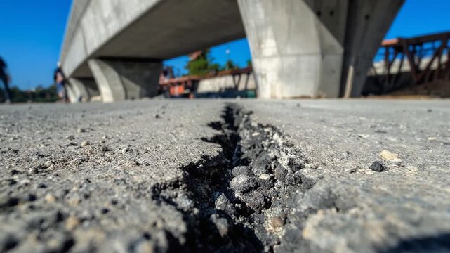 高架構造の下に生じた亀裂が都市インフラの脆弱性を示す