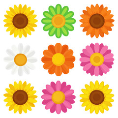 Colorful cartoon flowers in various shapes.
