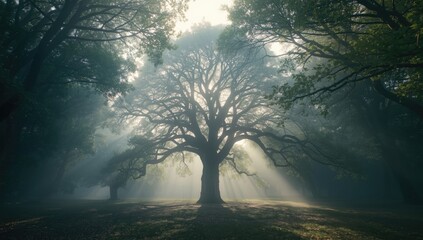 Dense fog rolling through a wooded area with tall trees, suitable for nature-themed backgrounds, Earth Day
