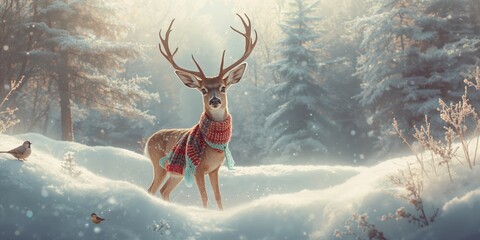 Deer in winter woodland with a scarf, seasonal wildlife behavior