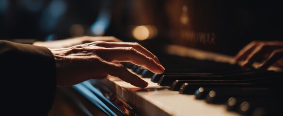 The Piano in Closeup with Fingers Playing a Warm Intimate Melody in Low Light
