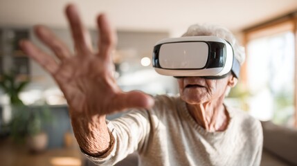 Virtual Reality Experience: Senior Person Interacting With Invisible Objects in Living Room Setting