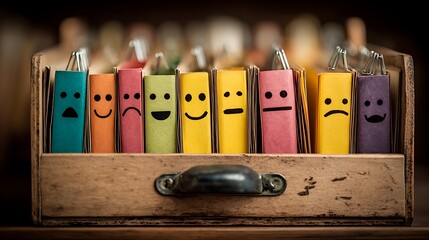 Colorful wooden clothespins with drawn faces in a rustic drawer