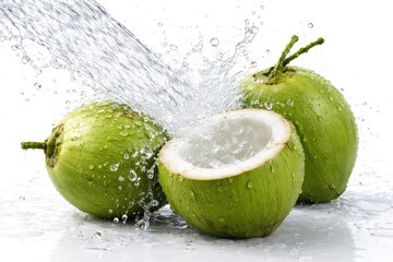 Water jet spray impacting green coconuts on bright white surface