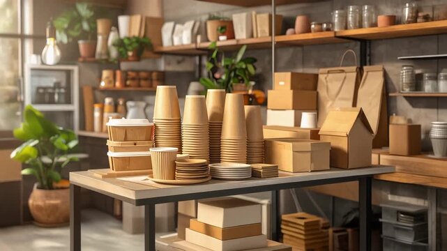 紙製カップや容器が整然と並ぶ店舗棚が持続可能な包装を示す