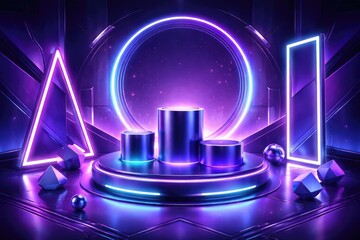 Purple and blue sci fi themed product display with geometric shapes for business advertising