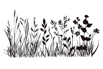 Naklejka premium Silhouette of Meadow Plants: This image presents an elegant silhouette of various meadow plants, meticulously crafted to showcase their individual shapes, creating a captivating visual symphony.