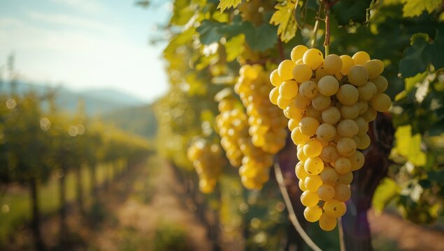 Sunlit trebbiano grapes maturing in a vineyard, highlighting seasonal agricultural activity