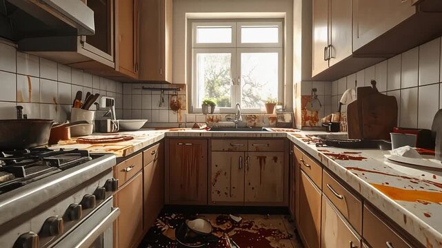 汚れが広がるキッチンが掃除前の混乱した状態を伝える室内描写