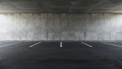 Open garage with concrete walls showing a row of vacant parking spots, suitable for layout or signage design